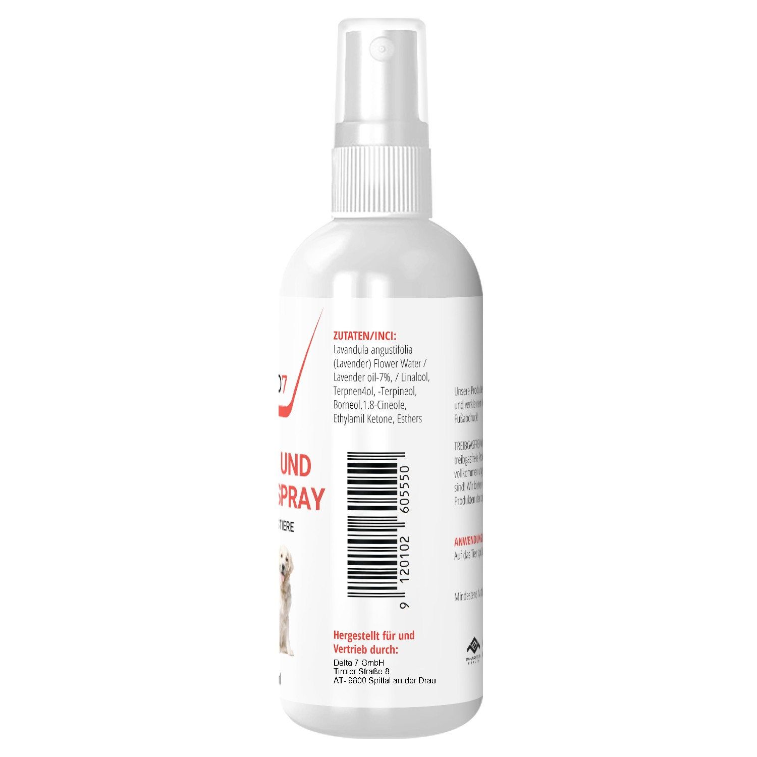 Rückseite der weißen Sprühflasche mit roter Aufschrift MYD7, "Läuse und Flöhe Spray". Zutatenliste, Barcode, Herstelleradresse.