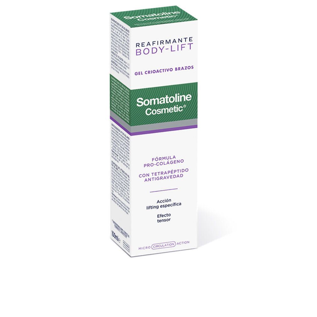 Schachtel mit Produktinformationen. Aufschrift: Body-Lift, Gel Cryoactivo Brazos, Somatoline Cosmetic. 100ml.