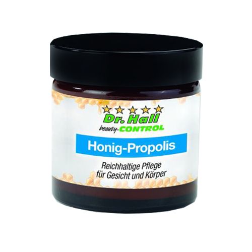 Braune Creme-Dose mit schwarzem Deckel. Aufschrift: Dr. Hall Honig-Propolis. Reichhaltige Pflege für Gesicht und Körper.