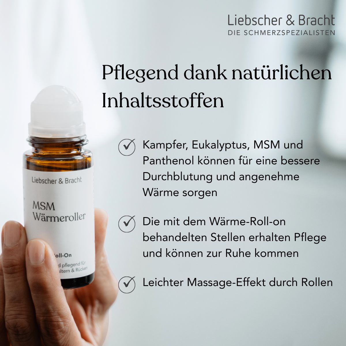 Hand hält MSM Wärmeroller mit Fokus auf die Inhaltsstoffe und den Massageeffekt.