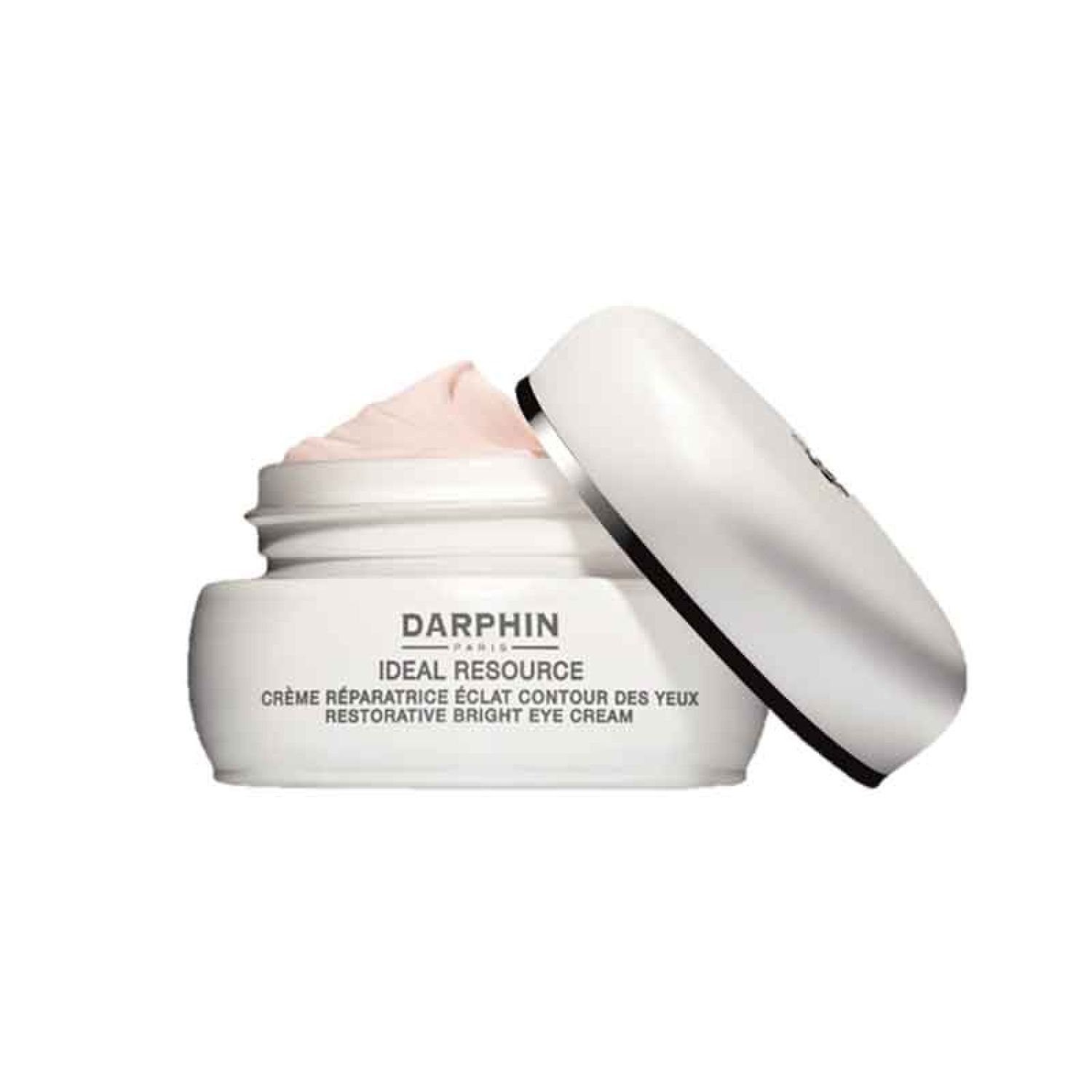 Weißes Tiegel mit rosa Creme. Deckel halb geöffnet. Aufschrift: Darphin, Ideal Resource, Crème réparatrice éclat contour des yeux, Restorative Bright Eye Cream.
