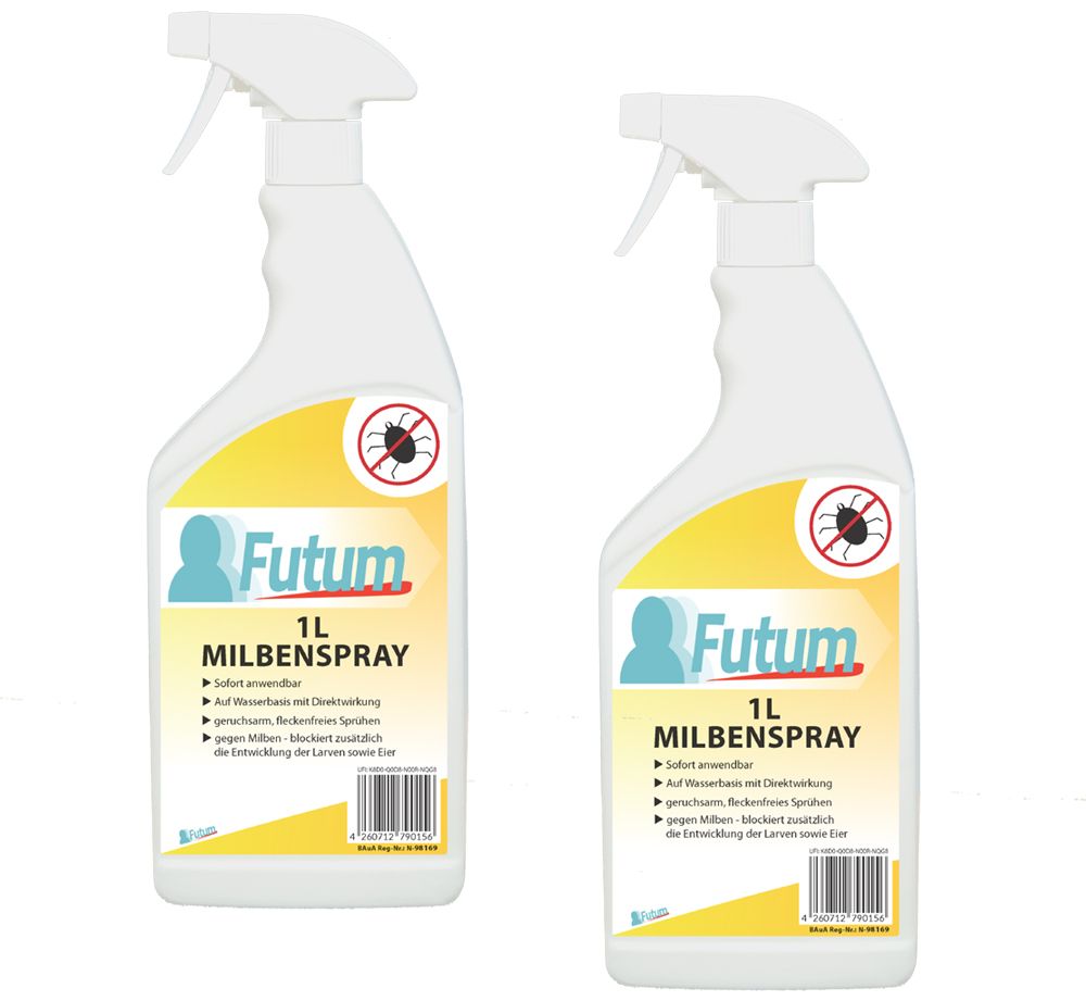 Zwei weiße Sprühflaschen mit gelben Etiketten. Auf den Etiketten steht "FUTUM Milbenspray" und "1L".
