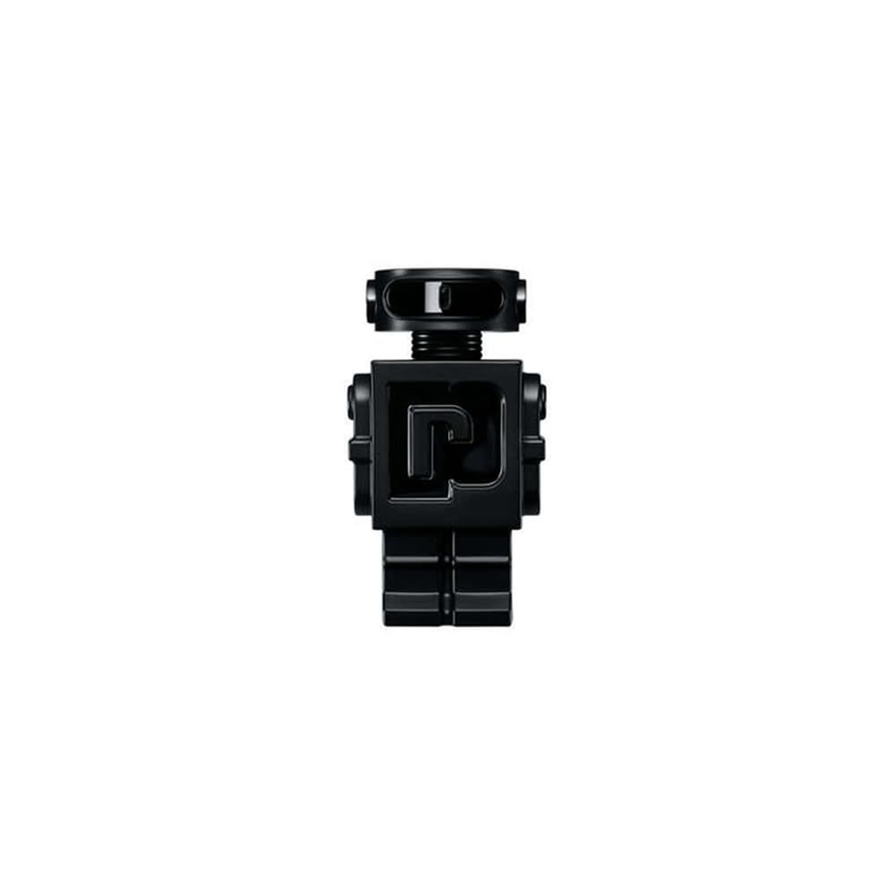 Schwarze Roboter-Parfümflasche. Quadratischer Körper, runder Kopf, 'P' im Brustbereich.