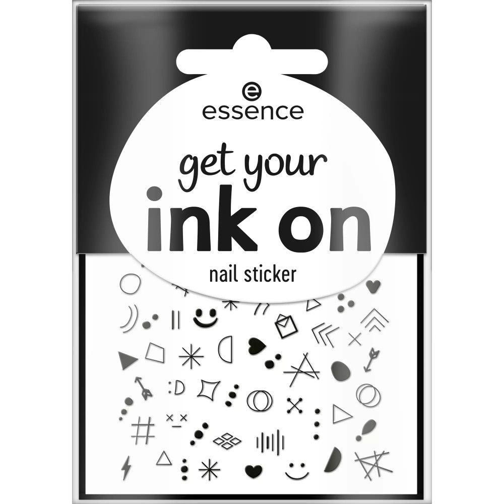 Nagelsticker-Packung mit schwarzem Rahmen. Aufkleber mit verschiedenen schwarzen Symbolen. Marke: Essence, Schriftzug: Get Your Ink On.