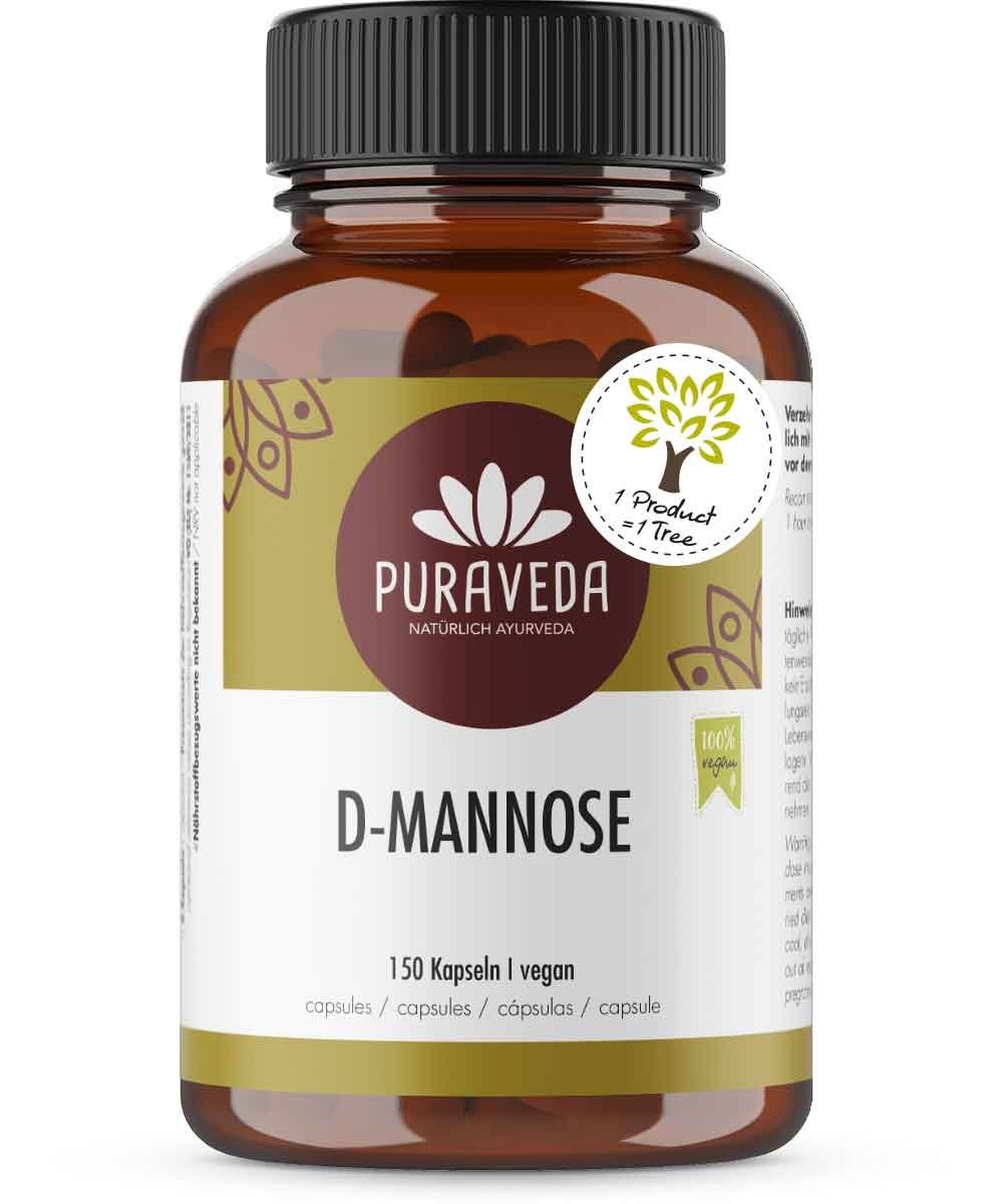 Braune Glasflasche mit schwarzem Deckel. Etikett mit Produktname D-Mannose und Logo. 150 Kapseln, vegan.