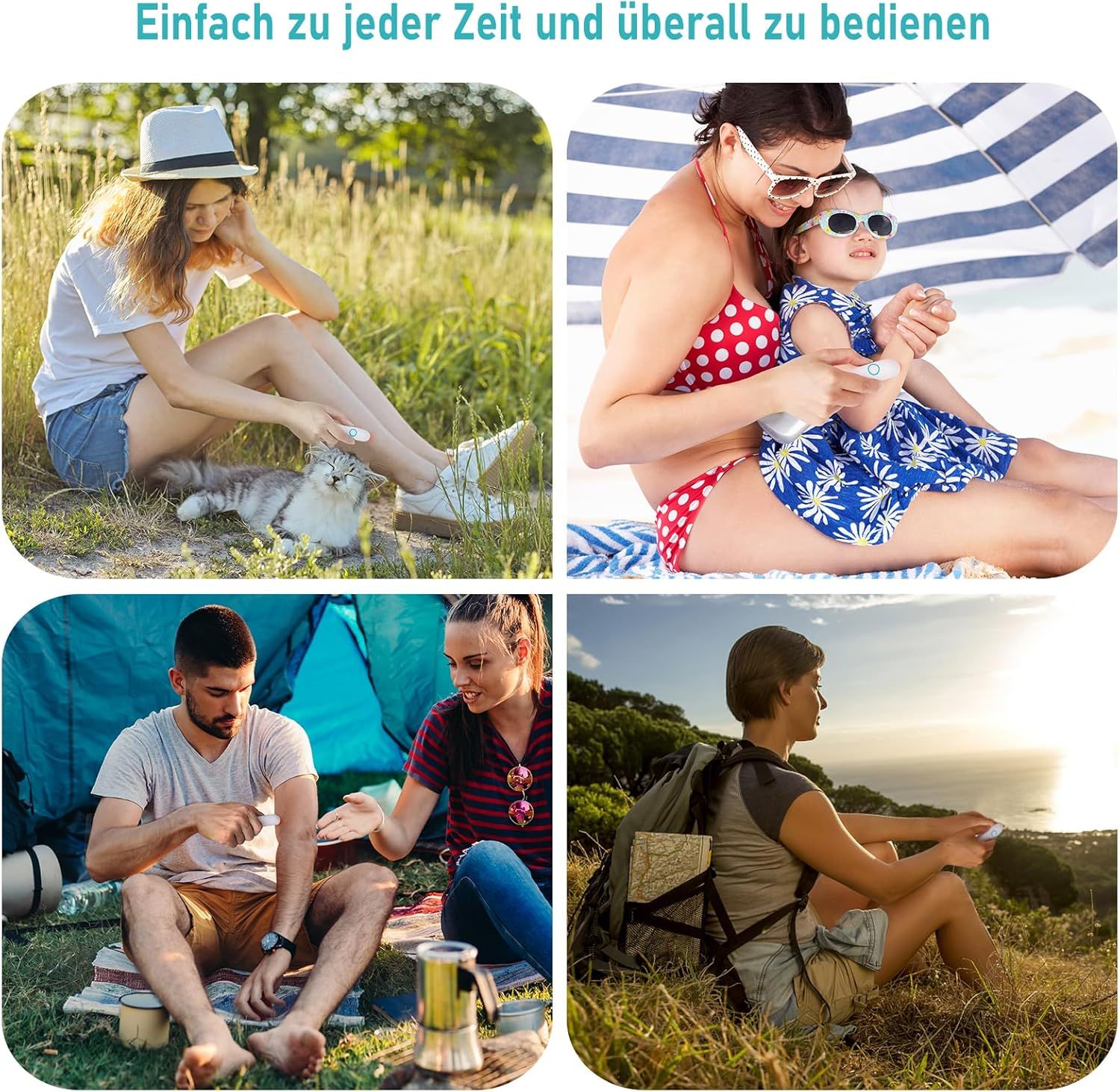LeaderPro Insektenstichheiler. Vier Szenen zeigen die Anwendung in verschiedenen Umgebungen: Natur, Strand, Camping.