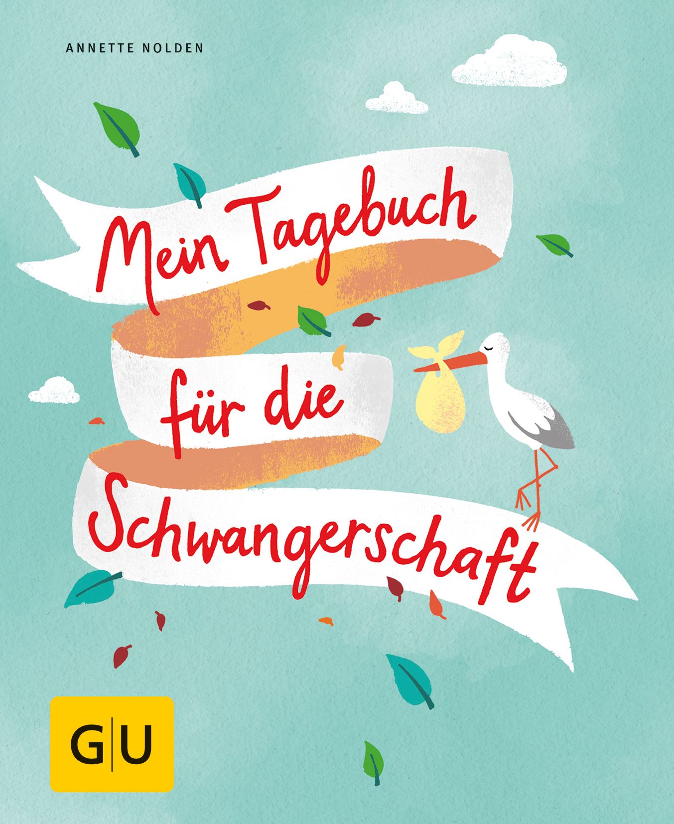 Buchcover mit Titel "Mein Tagebuch für die Schwangerschaft". Storch mit Baby, Blätter und Wolken auf hellblauem Hintergrund. GU-Logo.