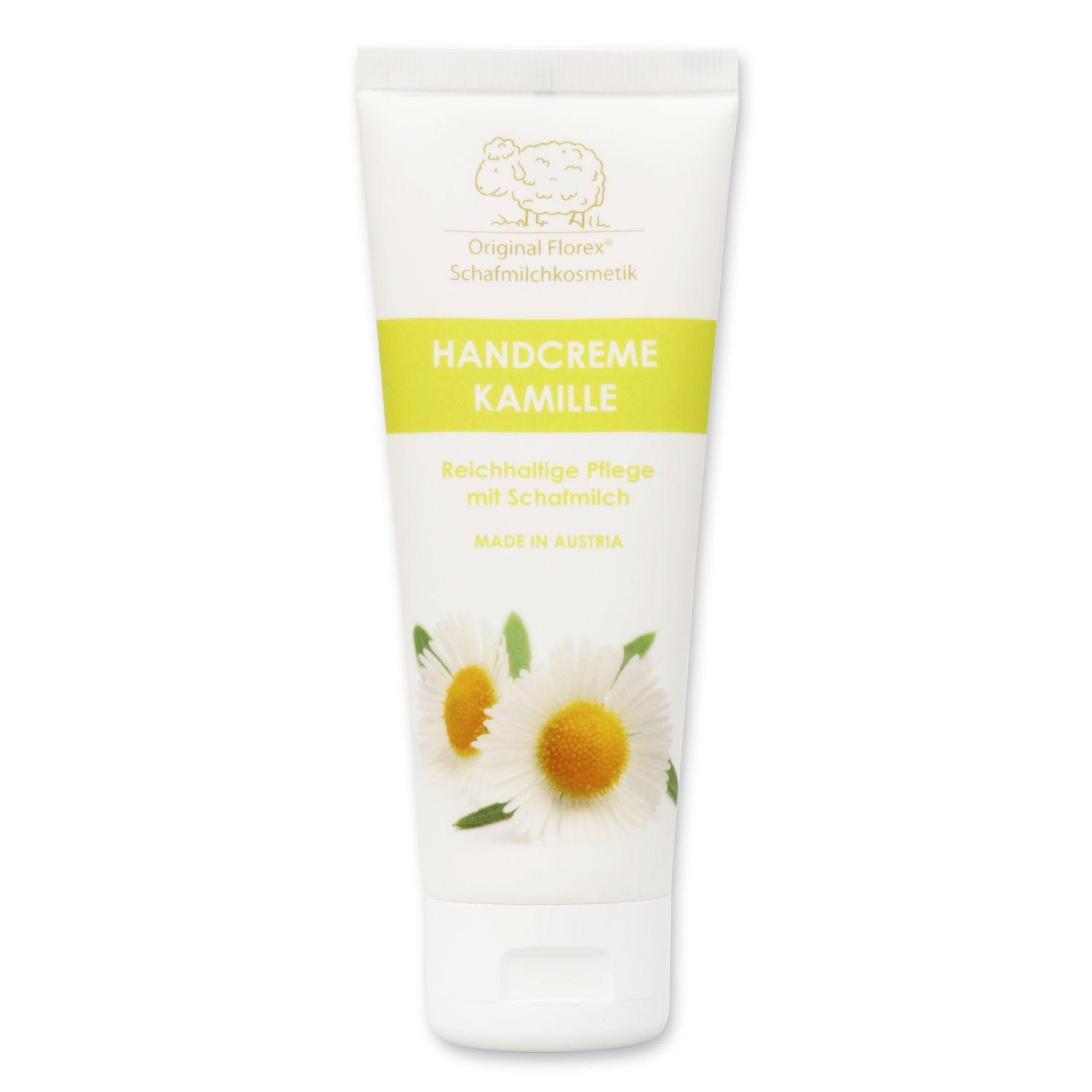 Weiße Tube Handcreme mit gelbem Streifen. Aufschrift: Handcreme Kamille, Schafmilchkosmetik. Kamillenblüten-Illustration.