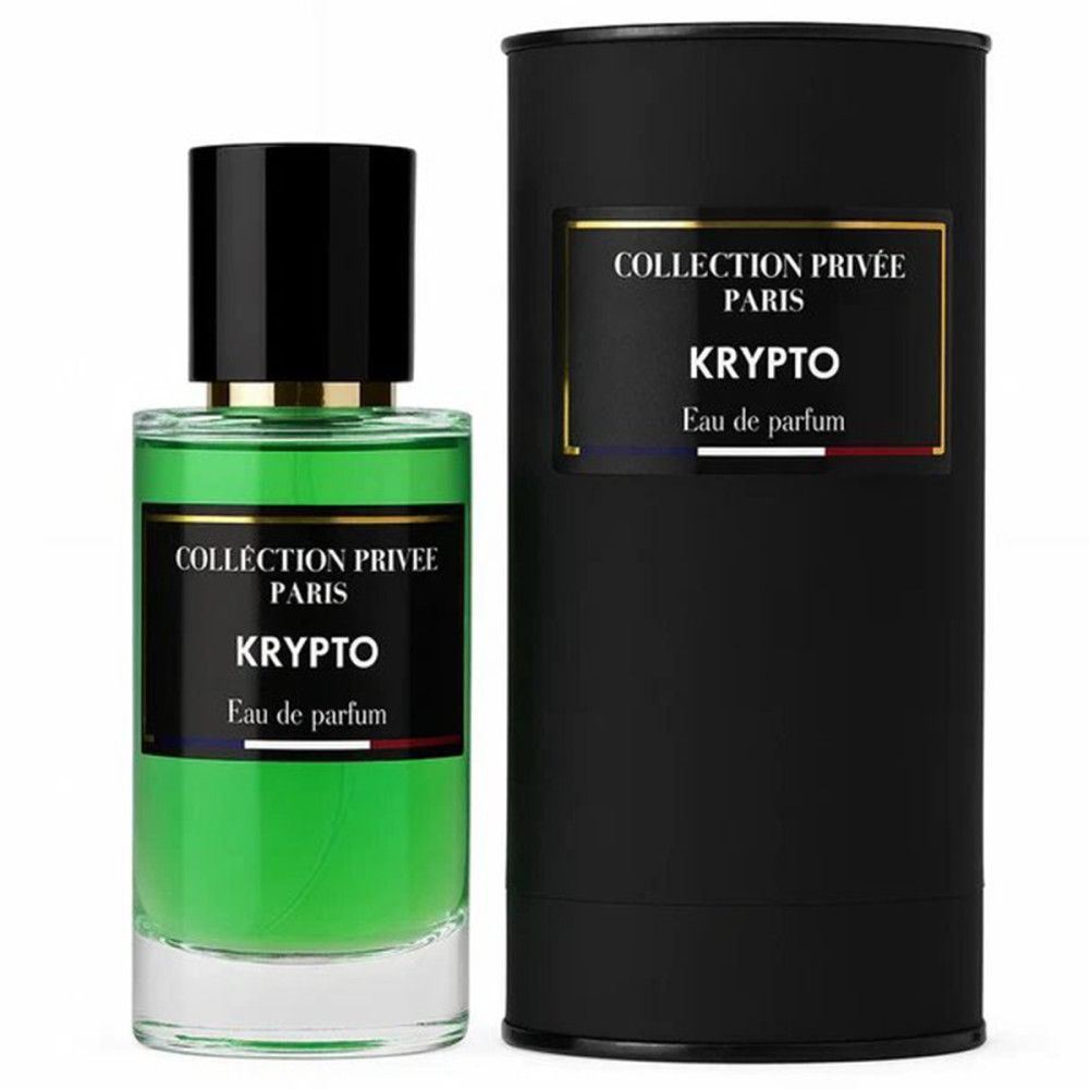 Grünes Parfümflakon neben schwarzer zylindrischer Verpackung. Aufkleber mit Text: COLLECTION PRIVEE PARIS, KRYPTO Eau de parfum.