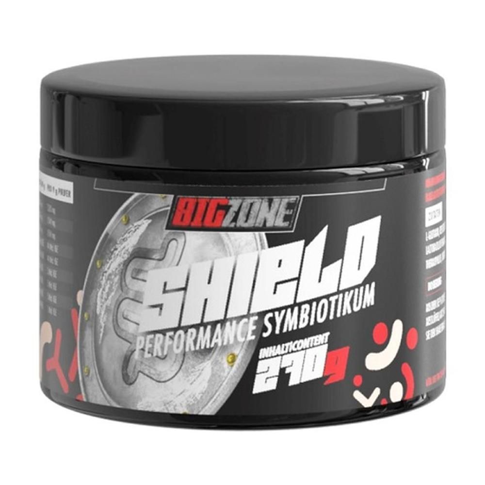 Schwarze Dose mit Deckel. Aufschrift: BIG ZONE SHIELD PERFORMANCE SYMBIOTIKUM. 270g Inhalt.