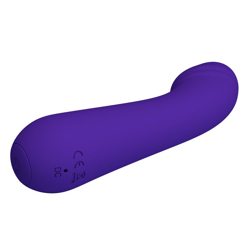 Lila Vibrator mit gebogener Form. Abgerundete Spitze. Glatte Oberfläche. CE-Zeichen und Ladeanschluss.
