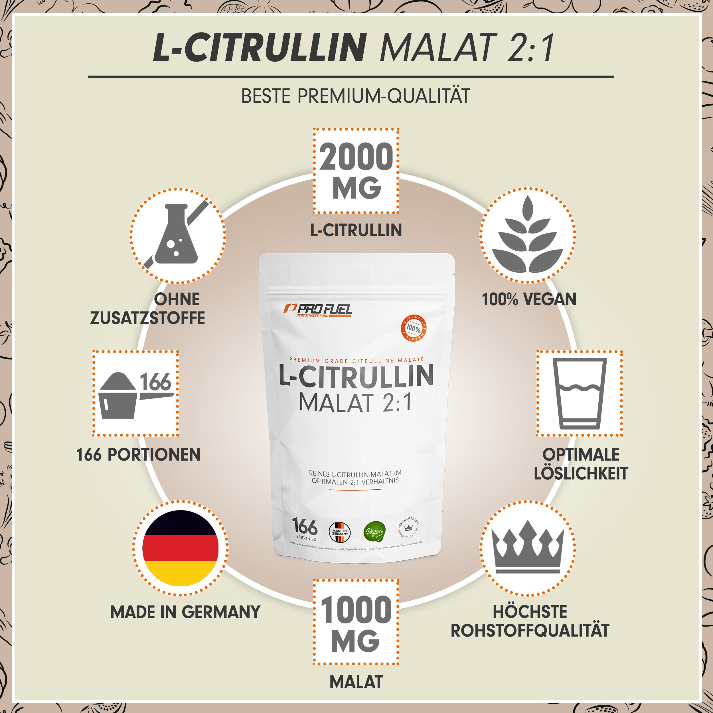 Beutel mit L-Citrullin Malat 2:1 Pulver. Aufschrift: 2000 mg L-Citrullin, 100% vegan, 166 Portionen, optimale Löslichkeit, höchste Rohstoffqualität, Made in Germany.