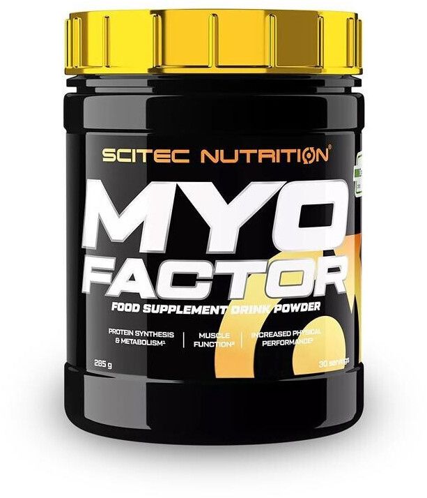 Schwarze Dose Scitec Nutrition MyoFactor. Goldfarbener Deckel. Schriftzug MyoFactor. 285g, 30 Portionen.