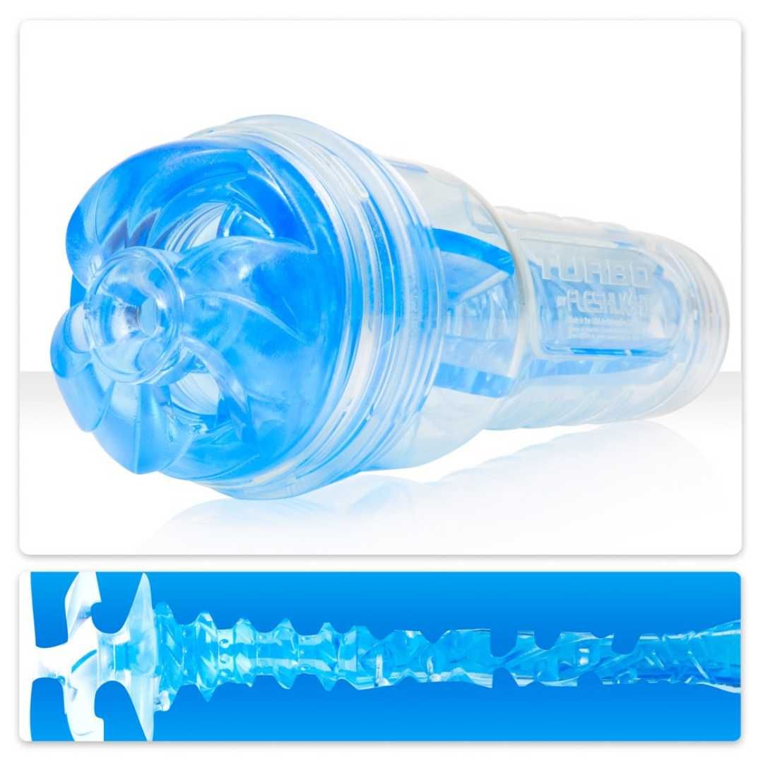 Transparentes Masturbationsgerät mit blauem Innenleben. Zusätzliche Darstellung des Innenlebens.