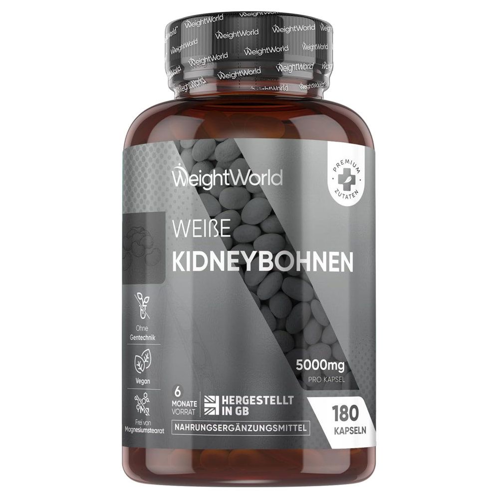 Braune Flasche mit weißen Kidneybohnen Kapseln. Aufschrift: WeightWorld, Weiße Kidneybohnen, 180 Kapseln.