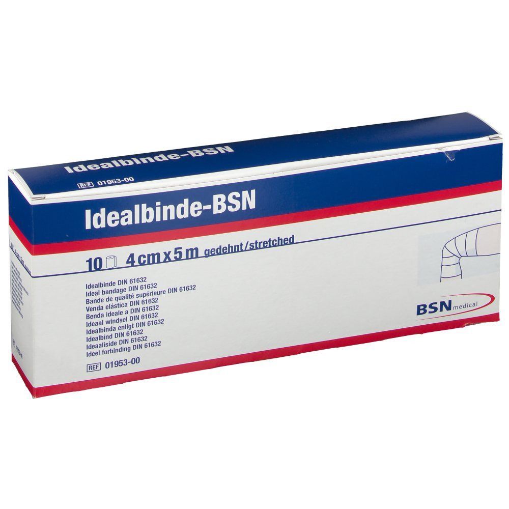 Verpackung von Idealbinde-BSN. Blaue und weiße Schachtel mit Produktinformationen. Aufschrift: 4 cm x 5 m. BSN-Logo.