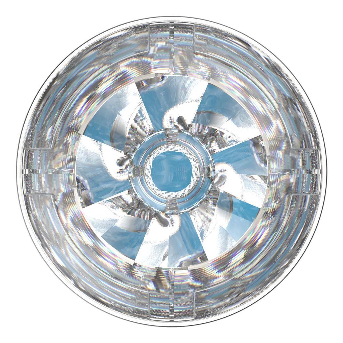 Draufsicht auf transparentes Objekt. Blaues Innenleben mit strukturierter Oberfläche. Runde Form.