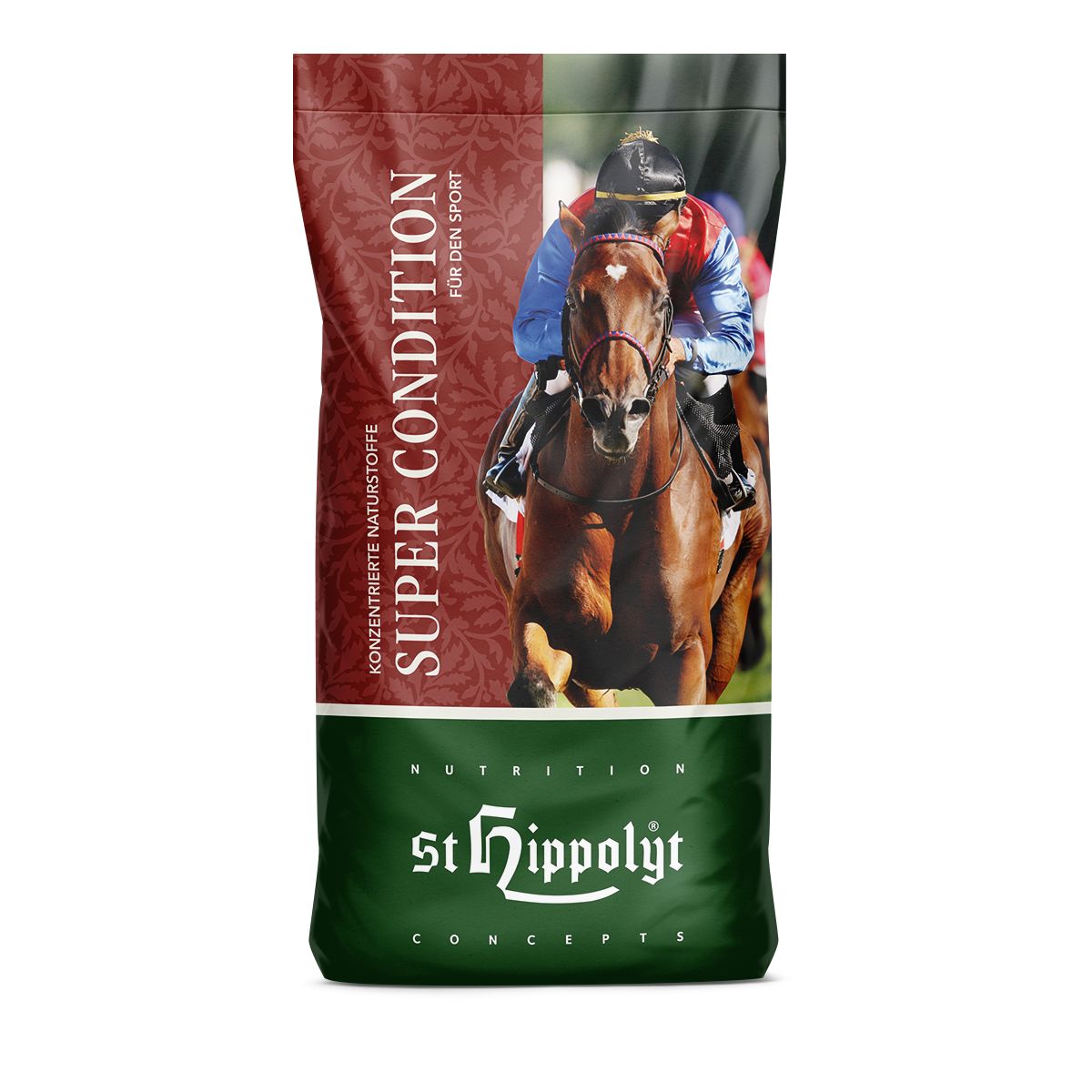 Beutel mit Aufschrift Super Condition. Bild eines Rennpferdes mit Jockey. Marke: St. Hippolyt. Text: Konzentrierte Naturstoffe.