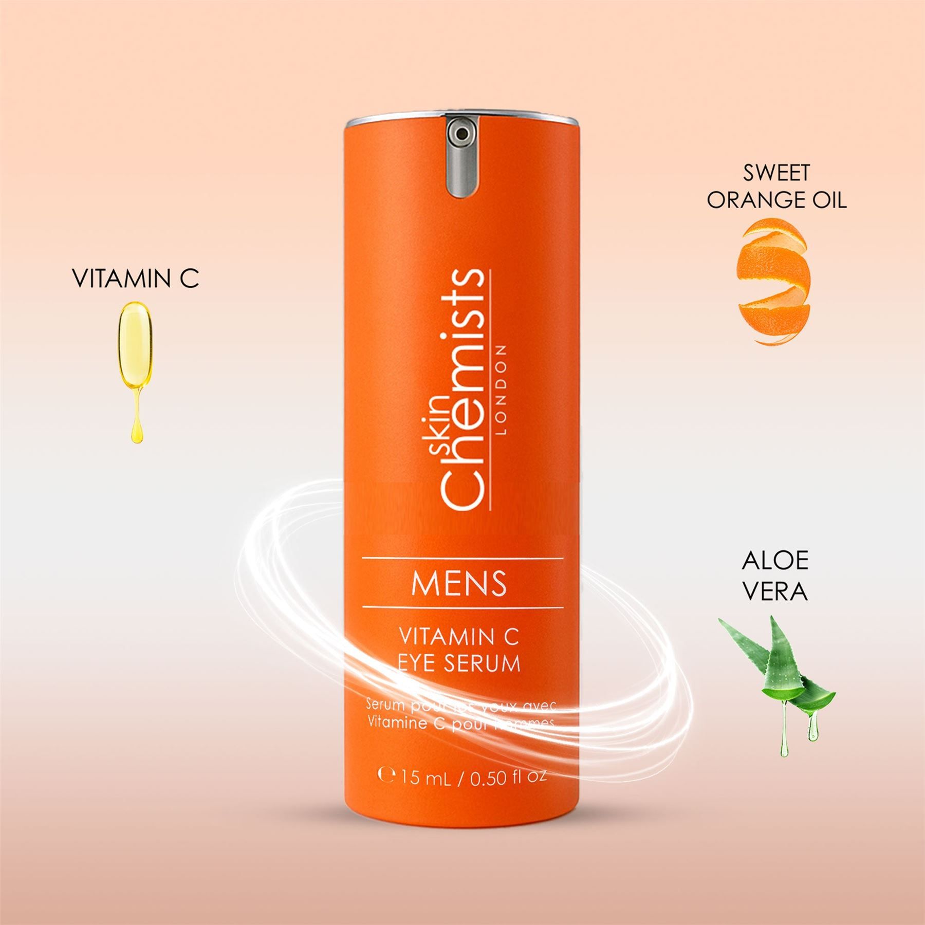 Orangefarbene Flasche des SkinChemists Augenserums mit Vitamin C, umgeben von grafischen Elementen.