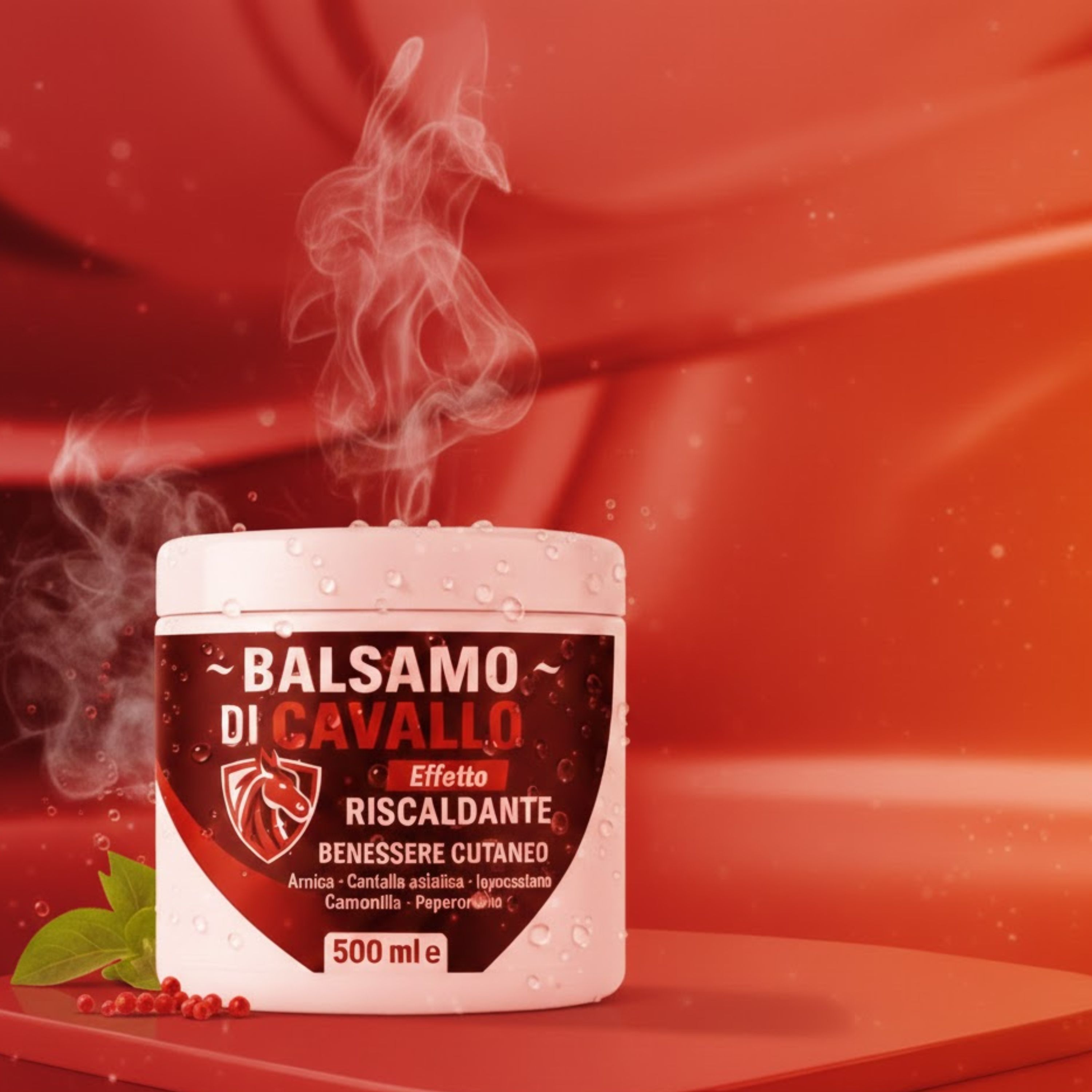Weißer Tiegel mit rotem Etikett. Text: Balsamo di Cavallo, Effetto Riscaldante, 500 ml. Dampf steigt auf. Rote Beeren und Blätter.