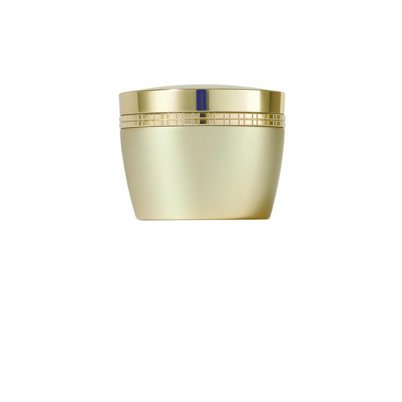 Goldfarbener Tiegel mit goldenem Deckel. Der Deckel hat einen goldenen Ring mit quadratischen Details. Auf weißem Hintergrund.