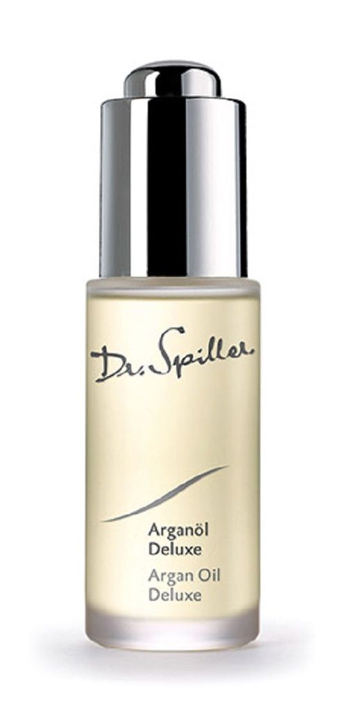 Arganöl Deluxe Flasche. Silberne Kappe, transparente Flasche, Produktname und Marke sichtbar.