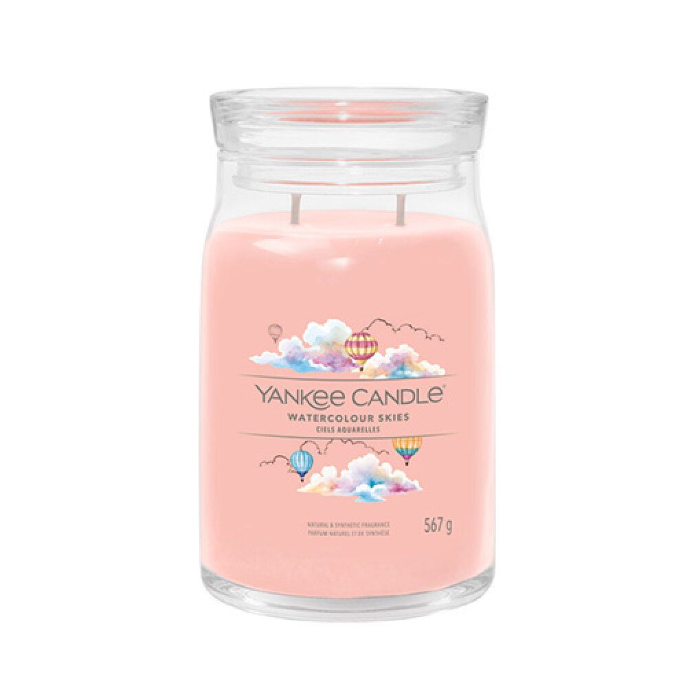 Großes Glas mit rosa Kerze und Deckel. Aufschrift: Yankee Candle, Watercolor Skies. Gewicht: 567 g. Abbildung von Heißluftballons.