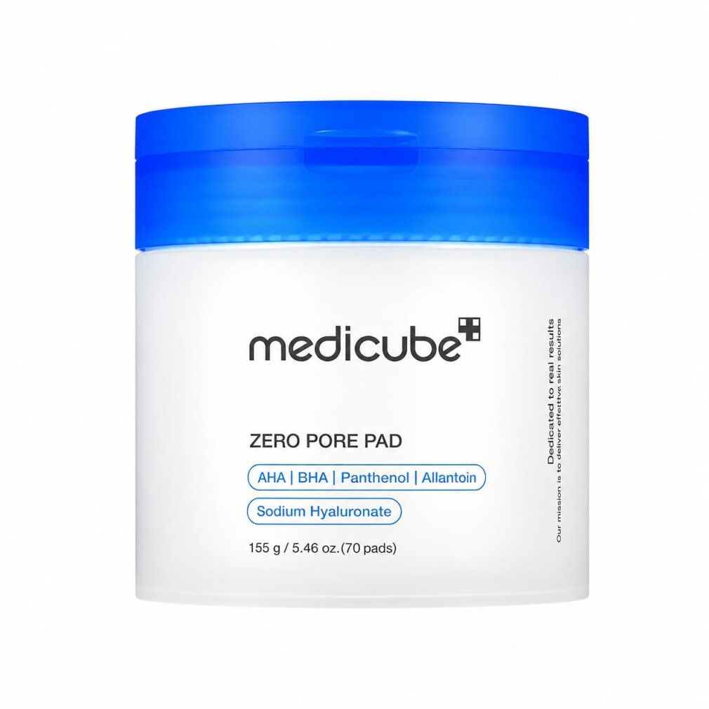 Medicube Zero Pore Pad 2.0: Weißer Behälter mit blauem Deckel, 70 Pads.