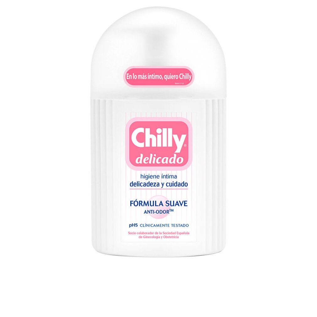 Weißes, zylindrisches Produkt mit rosa Etikett. Text: Chilly delicado, Formel suave, pH5. Aufschrift: Hygiene intima, delicadeza y cuidado.