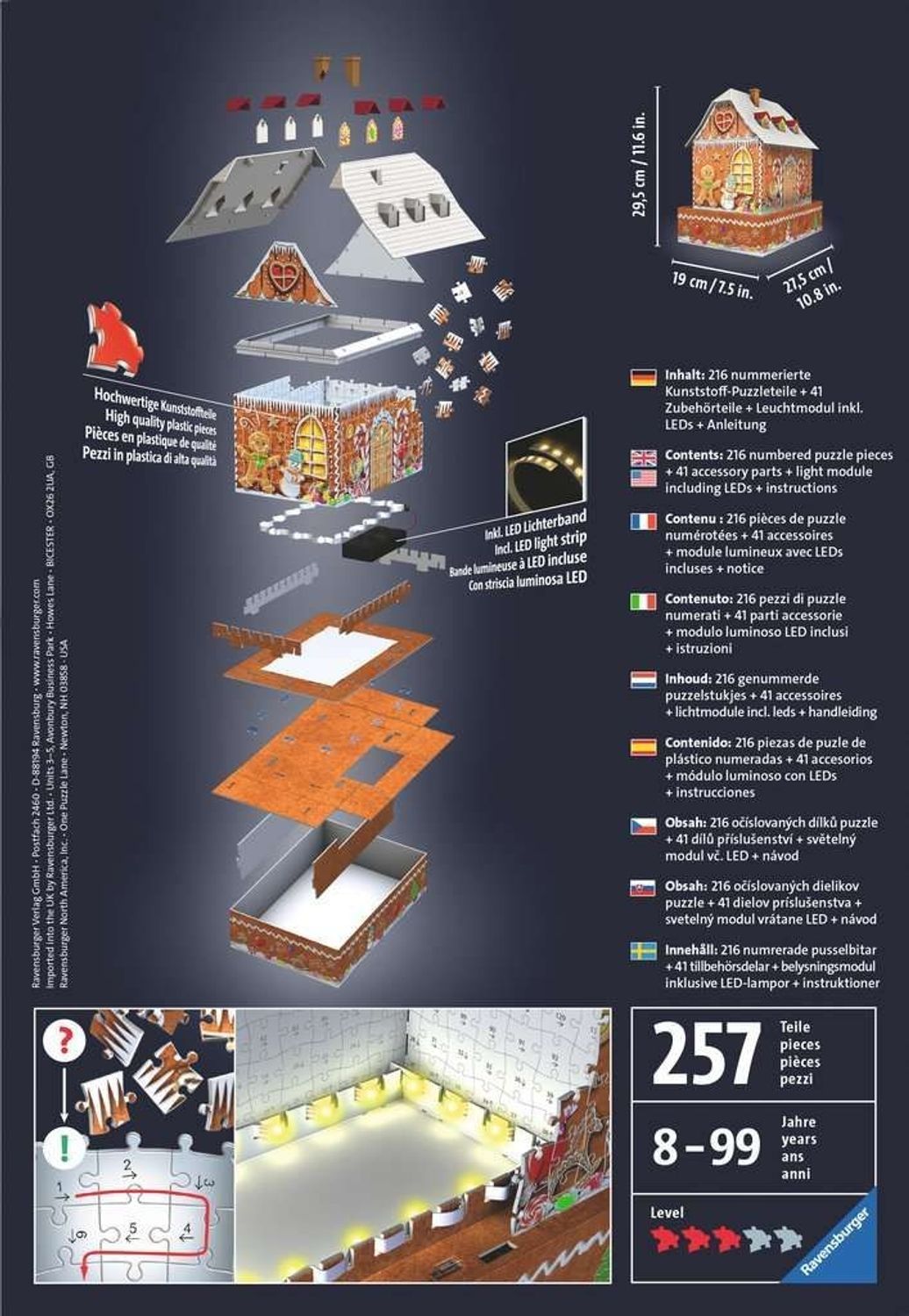 Explosionszeichnung des 3D-Puzzles Lebkuchenhaus bei Nacht. Enthält 216 Teile, LED-Lichtband und Anleitung.
