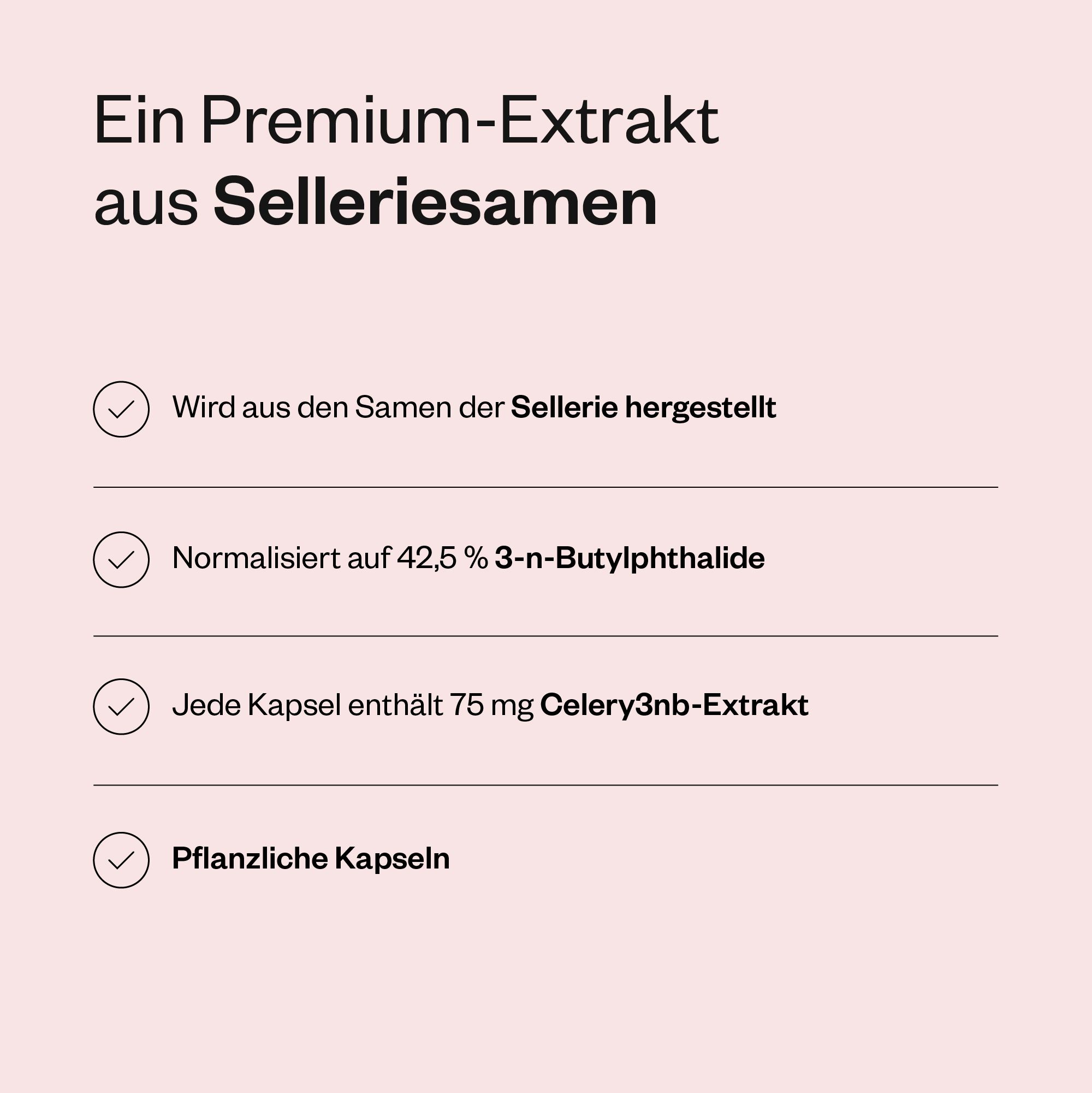 Text auf rosa Hintergrund. Informationen über Celery3nb™: Aus Selleriesamen hergestellt, normalisiert auf 42,5% 3-n-Butylphthalid, 75mg pro Kapsel.