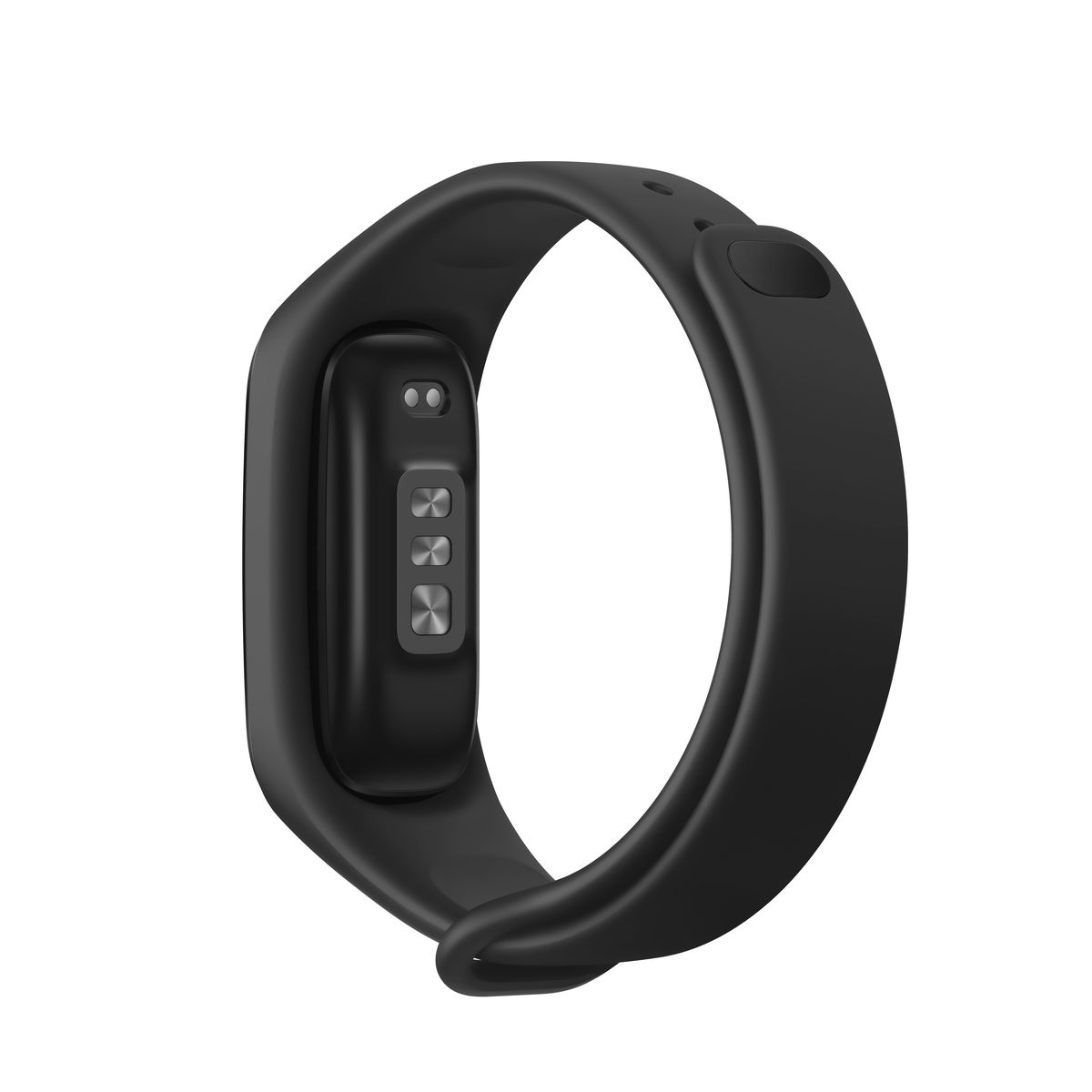 Schwarzer Fitnesstracker. Rückseite mit Sensoren. Schwarzes Armband.