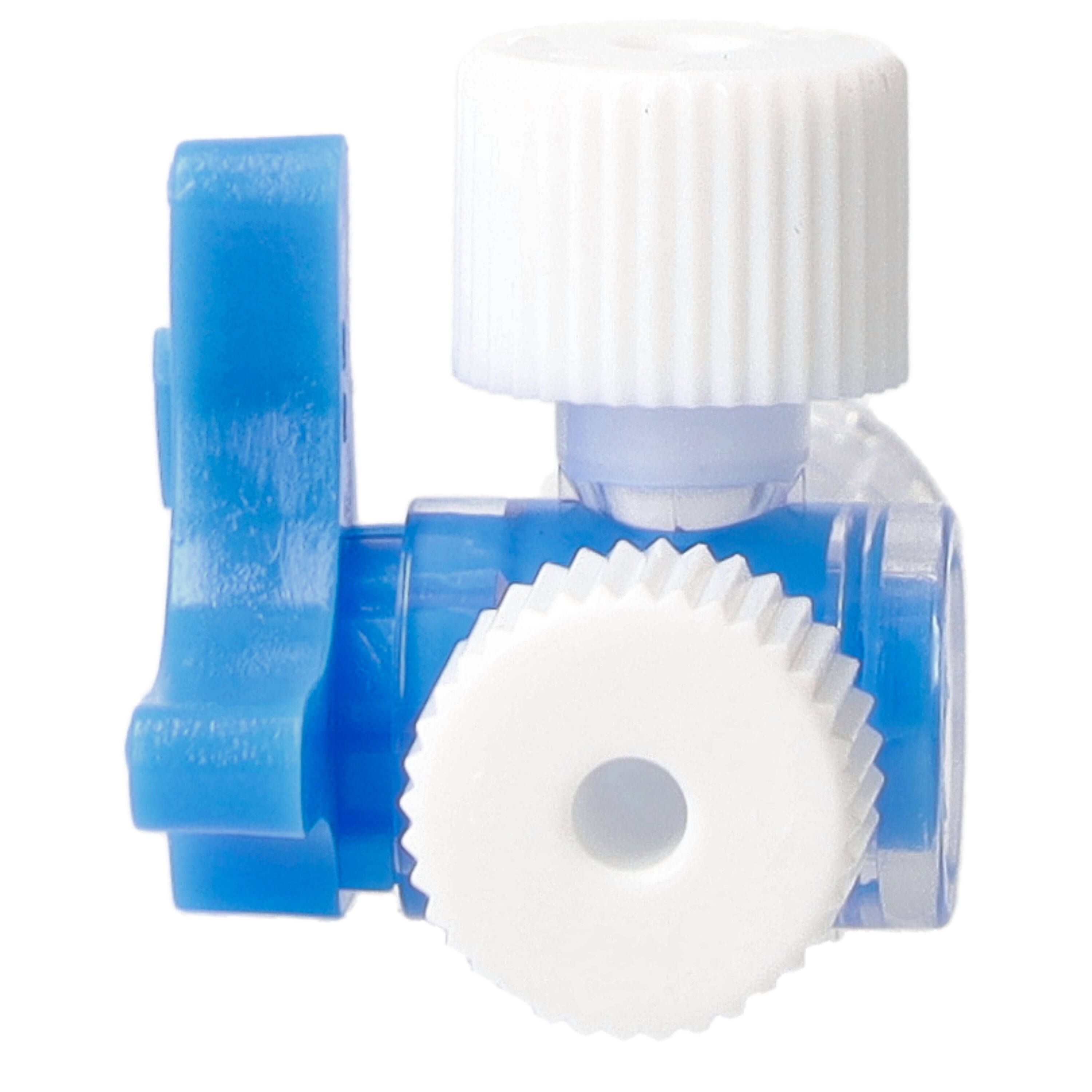 Dreiwegehahn, blau. Transparentes Gehäuse, blauer Drehgriff, weißer Anschluss.