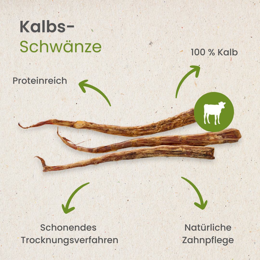 Getrocknete Kalbsschwänze, 100% Kalb, proteinreich, schonend getrocknet, für natürliche Zahnpflege.