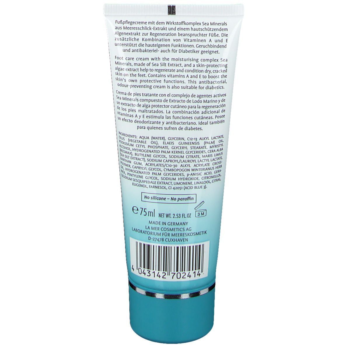 Creme-Tube, weiß mit blauer Kappe. Text: Fußpflegecreme, 75ml, La Mer Cosmetics. Für Diabetiker geeignet.