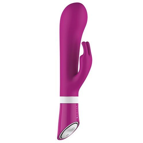 Rosa Vibrator mit gebogener Form und einem zusätzlichen Element. Mit Knöpfen.