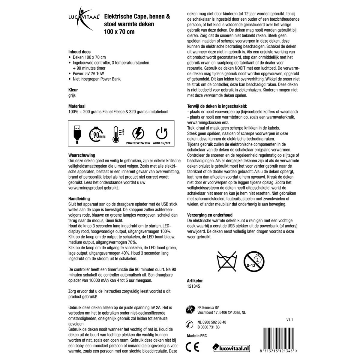 Achterkant van de verpakking. Tekst: Lucovitaal, Cape, benen & stoel. Productinformatie, materiaal, waarschuwingen, CE-markering.