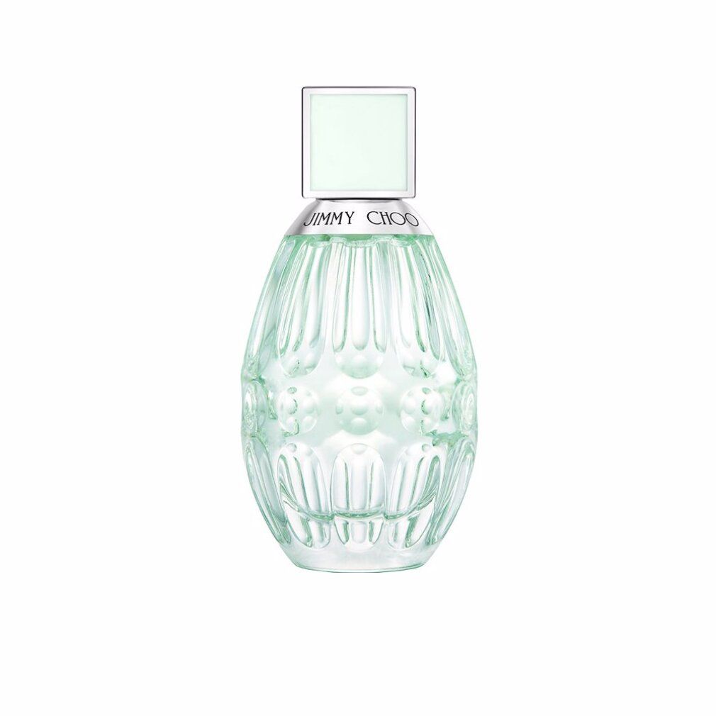 Jimmy Choo Floral Eau de Toilette Flakon mit einem hellgrünen, strukturierten Glas und einem weißen Verschluss.