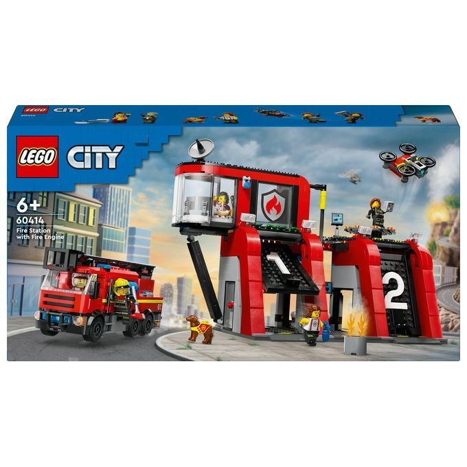 LEGO City 60414 Caserma dei Pompieri e Autopompa con Camion Giocattolo, 6 Minifigure, Cane e Access