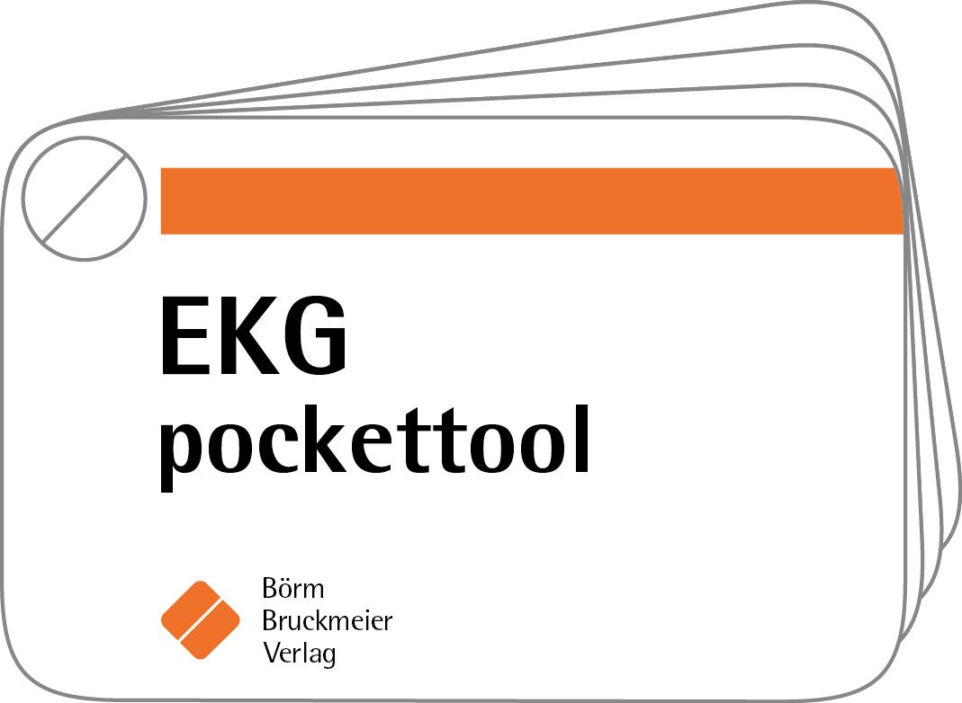 EKG pockettool. Kartenstapel mit orangefarbenem Streifen und Logo. Schriftzug: EKG pockettool. Verlag: Börm Bruckmeier Verlag.