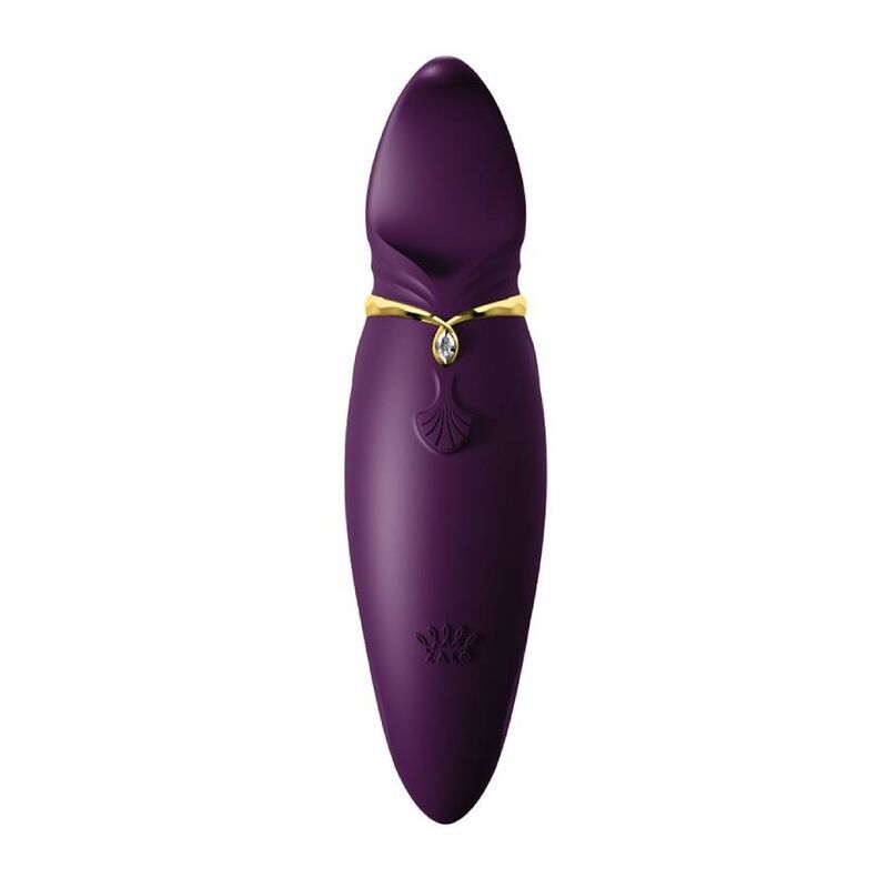 Lila Massagegerät mit goldfarbenem Akzent und Schmuckstein. Geätztes Design.