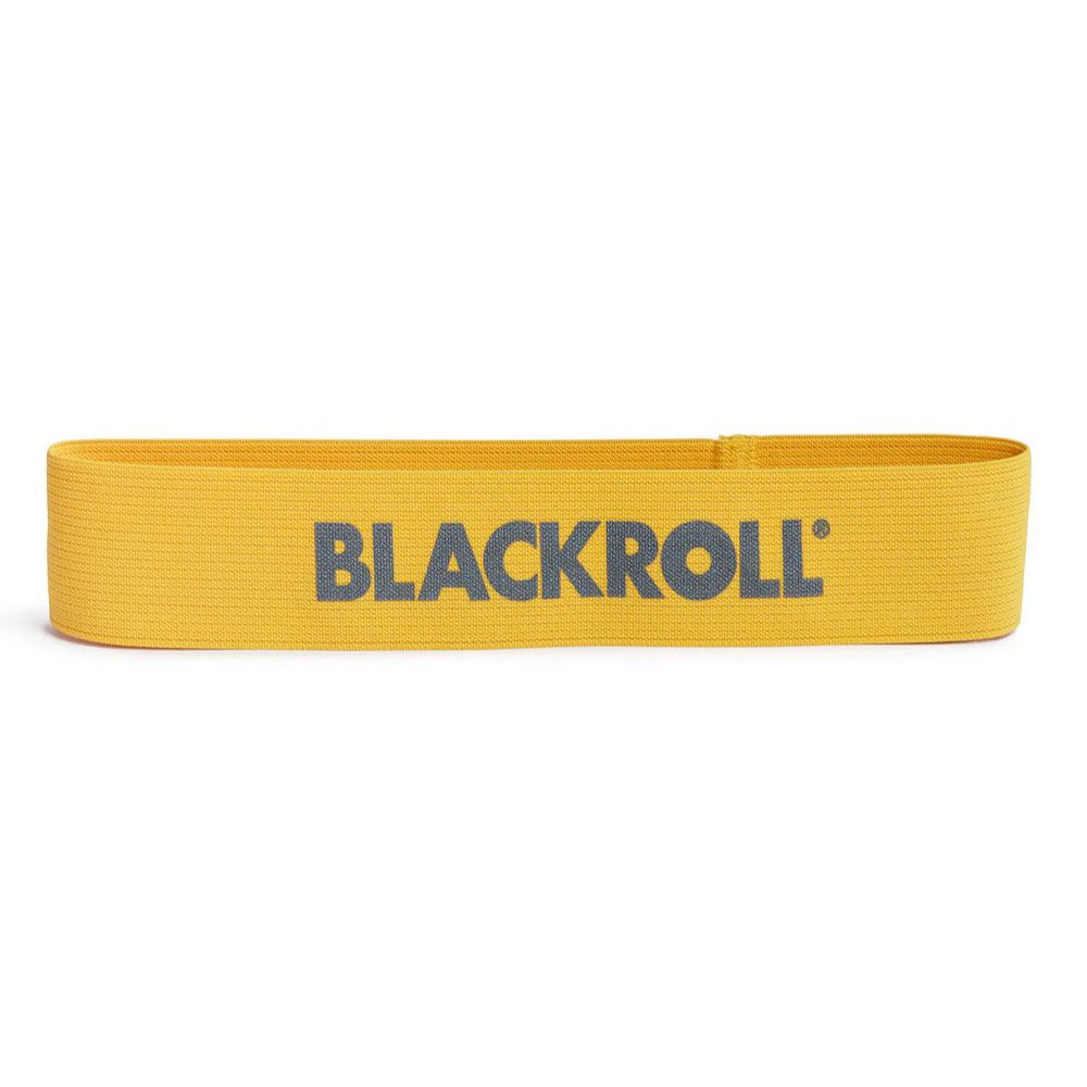 Gelbes BLACKROLL Loop Band. Grauer Schriftzug. Rechteckige Form. Extra leicht.