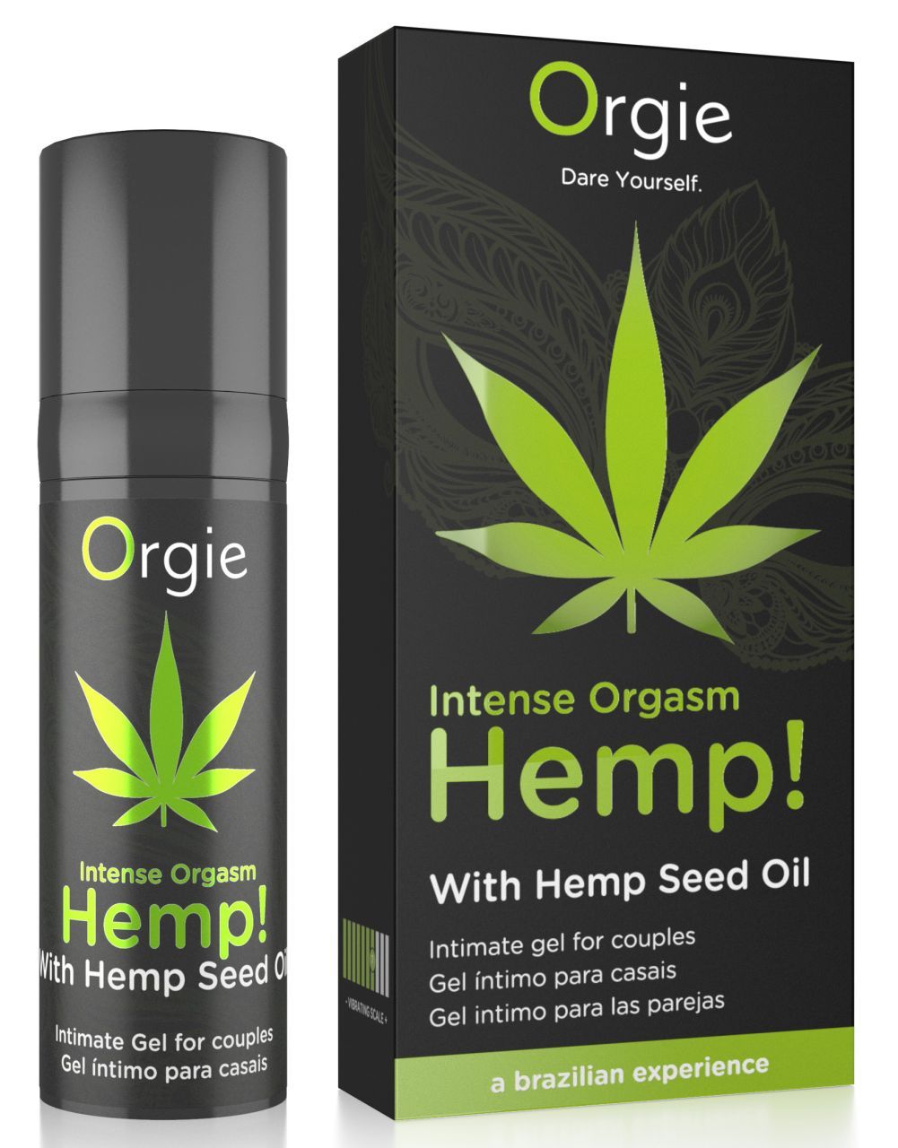 Schwarze Flasche und Verpackung mit grünem Hanfblatt und Text: Intense Orgasm Hemp! Intimes Gel für Paare. Marke: Orgie.