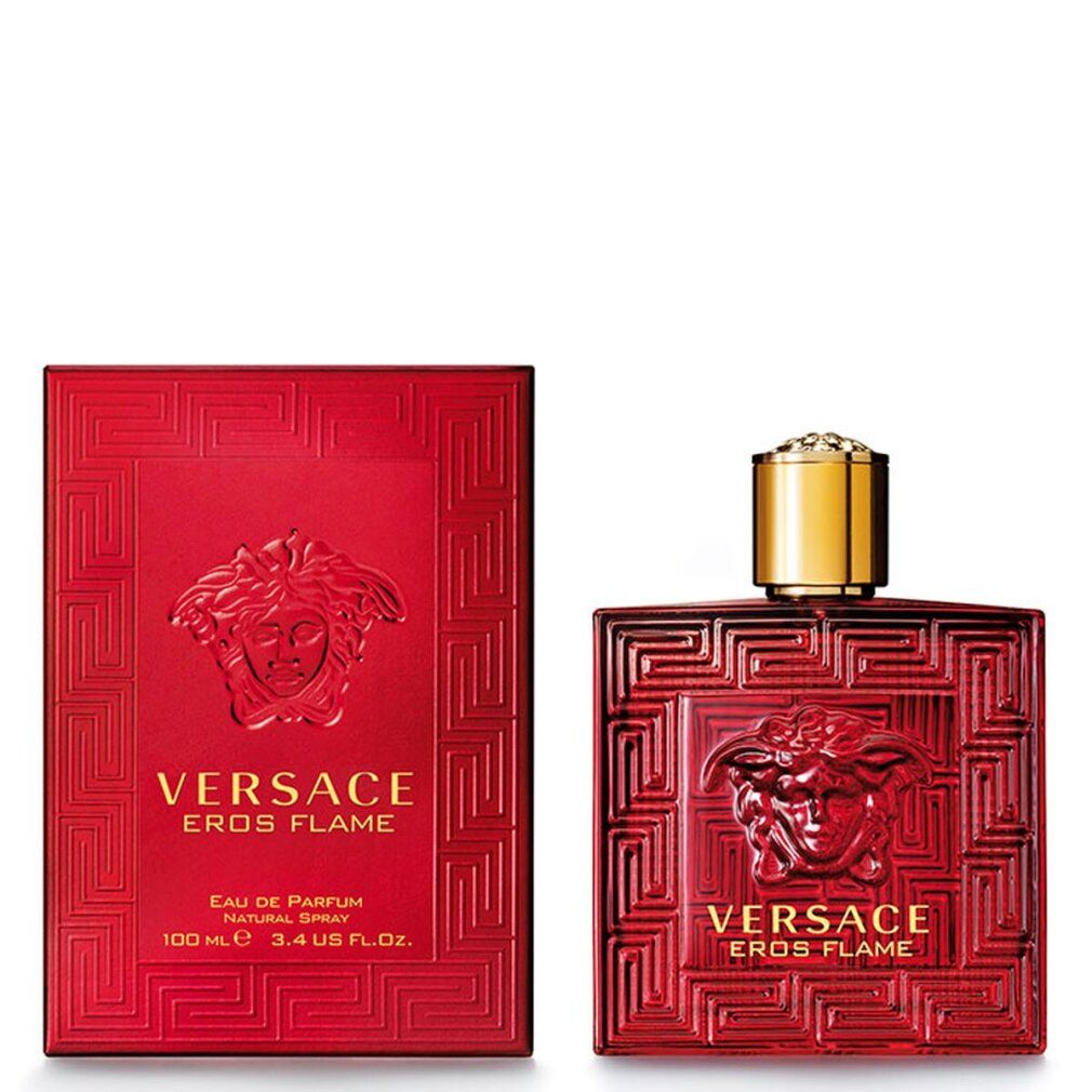 Rote Verpackung und Flakon. Logo und Schriftzug "Eros Flame". Flakon mit goldenem Deckel.
