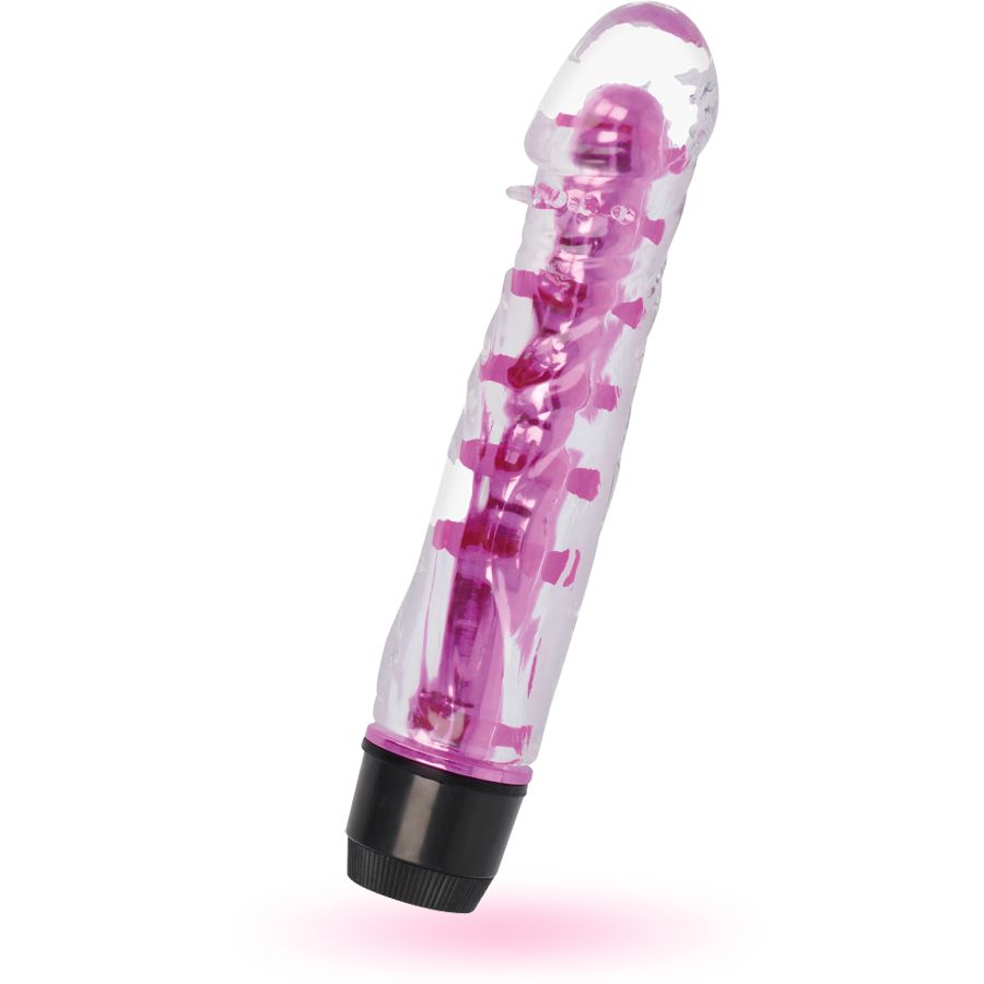 Transparenter Vibrator mit pinkfarbenen Elementen. Schwarzer Sockel. Geriffelte Oberfläche.
