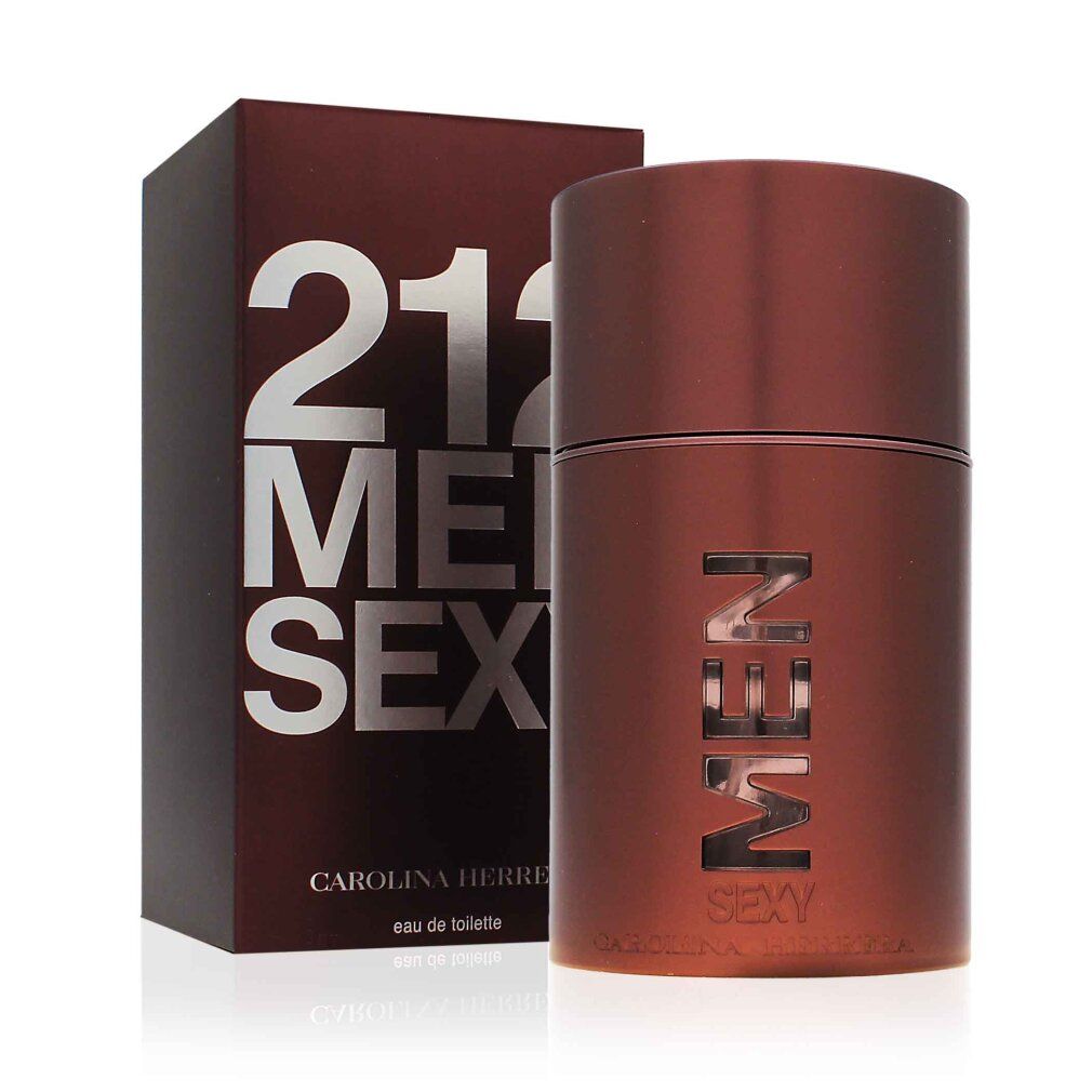 Flacone e scatola marroni. Sulla scatola: 212 MEN SEXY. Sul flacone: MEN SEXY. CAROLINA HERRERA. Eau de toilette. Flacone cilindrico marrone.