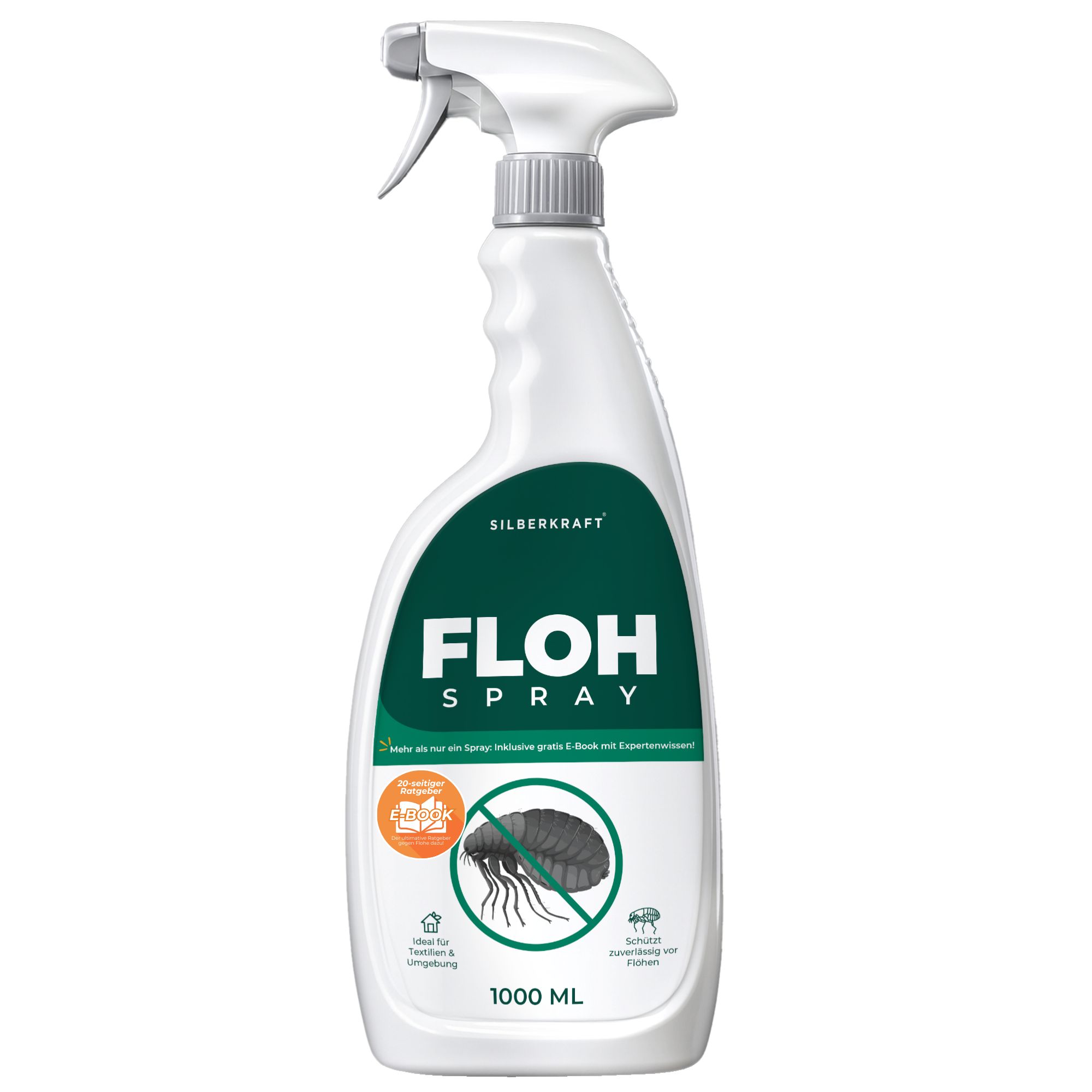 SILBERKRAFT Flohspray. Weiße Flasche mit Sprühkopf. 1000 ml. Abbildung einer Floh-Illustration.