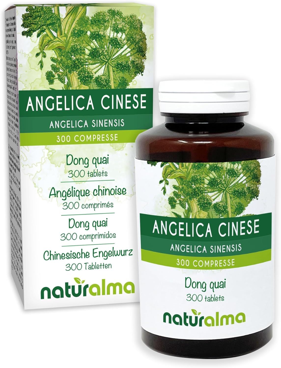 Produktverpackung und Flasche mit Tabletten. Beschriftung: Angelica cinese, 300 compresse, Naturalma.