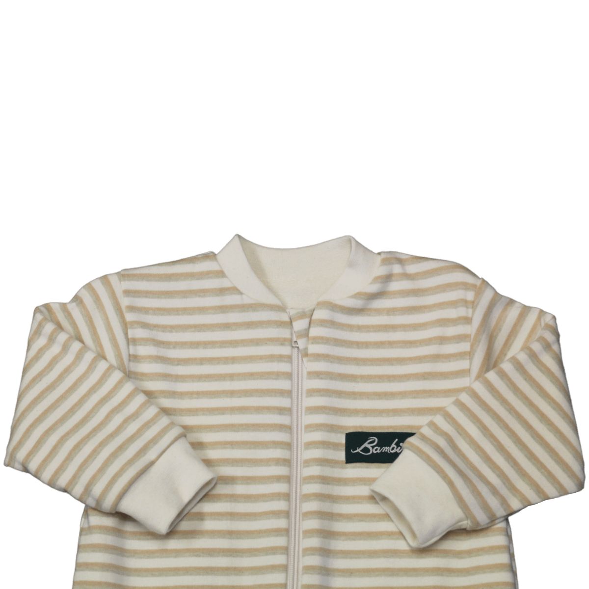 Nahaufnahme eines gestreiften Schlafoveralls. Reißverschluss mittig. Marke Bambini. Beige und braune Streifen.