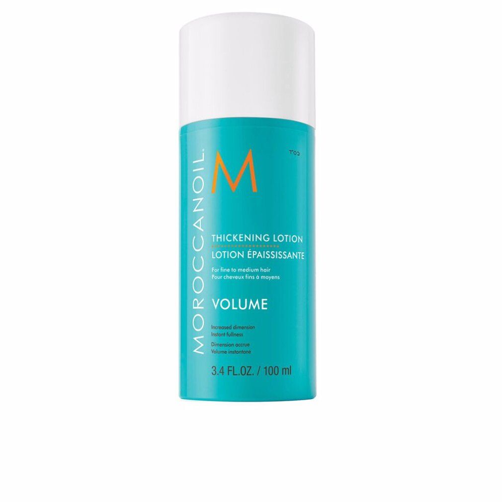 Türkis-farbene Flasche mit weißem Deckel. Aufschrift: Moroccanoil, Thickening Lotion, Volume. 3.4 FL.OZ./100 ml.